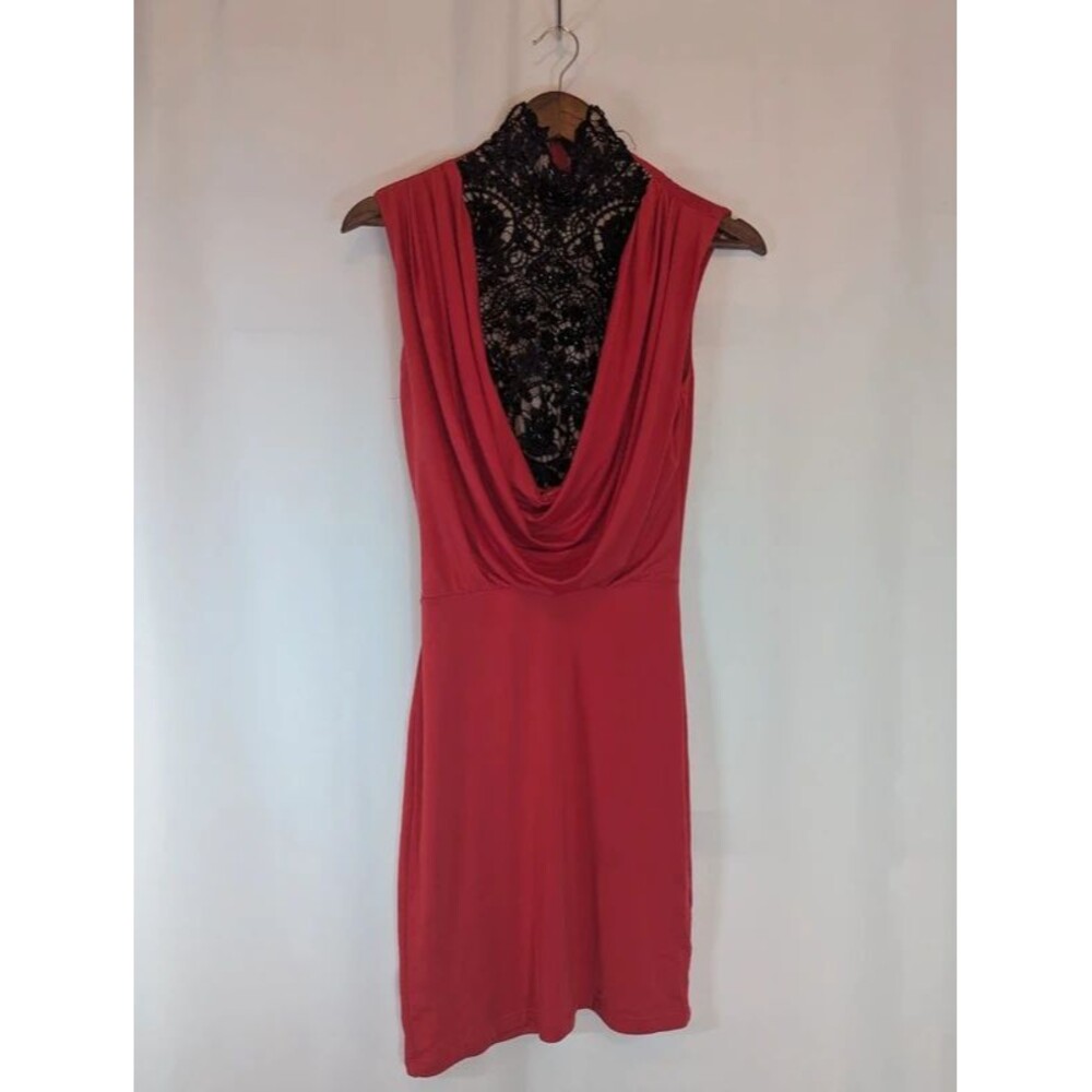 Arden B Womens Small Red Cowl Neck Dress Beaded Lace Inset Cocktail Mini